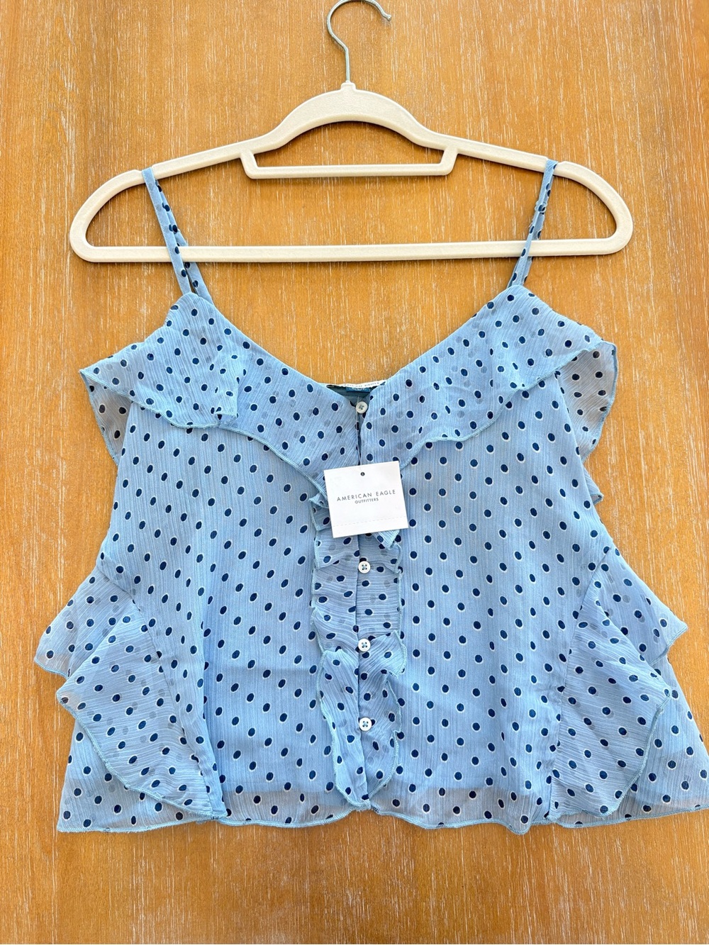 American Eagle Outfitters Light Blue Polka Dot Ruffle Cami Top